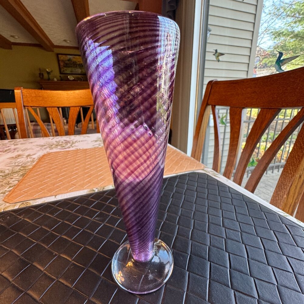 Hand Blown Purple and Clear Cane Stripe Bud Vase 8 1/2" High Rare